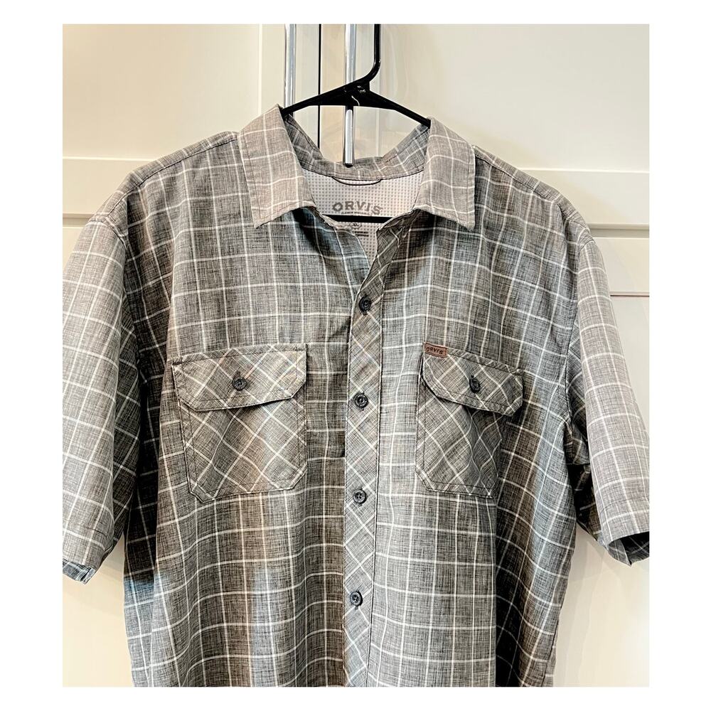 ORVIS Mens Sportswear Short Sleeve Shirt XL Outdoor Fishing Gray Plaid Polyester